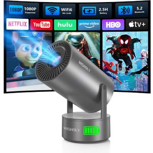 Portable Projector with Built-in Battery for Outdoor & Travel, Mini Projector with WiFi and Bluetooth, 1080P Supported, Electric Focus, Auto Keystone, 210 Rotatable Stand Home Theater( Iron Gray)