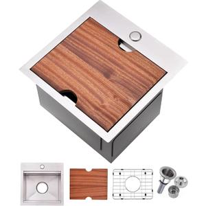 Bar Sink, 15 x 15 Inch Bar Sink Drop In, Stainless Steel Square Topmount Workstation Small Kitchen Sink, Single Bowl Kitchen Sink for Office Laundry Wet Bar Prep RV Outdoor Yard, 15''X15''X9''