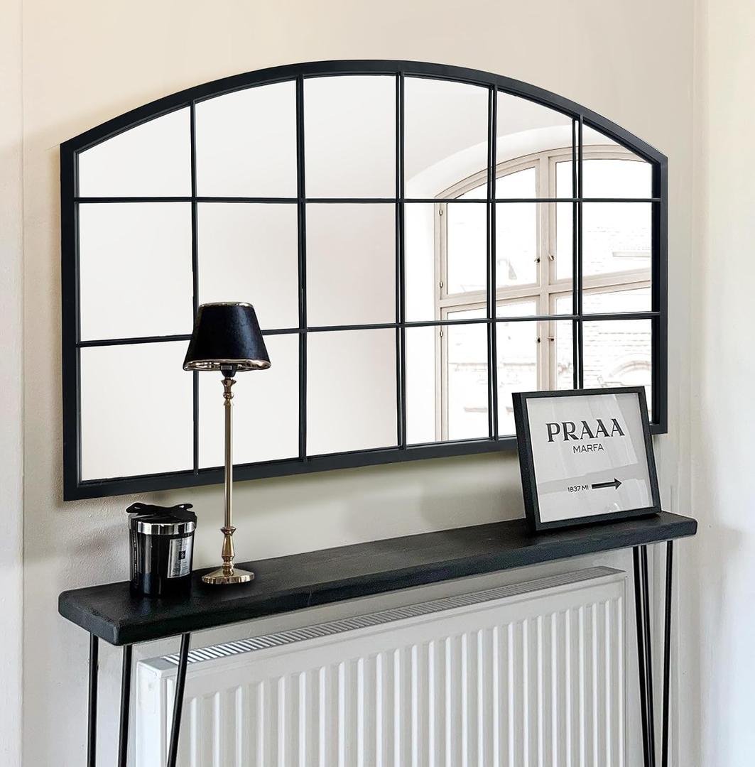 WAMIRRO Black Grid Wall Mirror,Wide Window Pane Black Mirror,Farmhouse Arched Wall Mirror,Mantel Mirror for Fireplace/Entryway/Hallway/Living Room,44X28