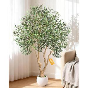 6 FT Faux Olive Tree, Look Real Fake Olive Tree with 4 Natural Thick Trunks & Weighted Pot, Olive Trees Artificial Indoor with Lusher & Fuller Leaves for Indoor Home Office Living Room Outdoor