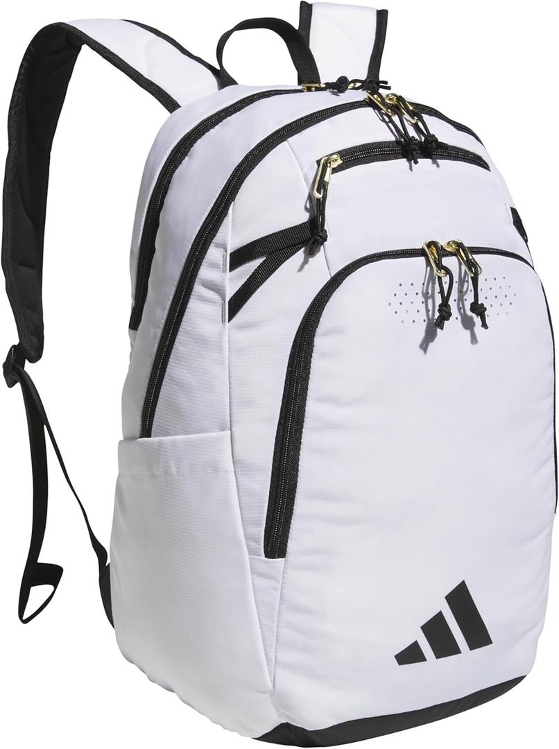 Defender 5 Team Sports Backpack (33L) durable large athletic gym laptop travel bag (One Size, White/Gold Metallic/Black)