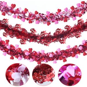 Meag-L 3 Pcs Valentines Day Decorations Heart Tinsel Garland Total 29.5Ft Red Pink White Valentines Day Decor for Home Mantle Tree Indoor Outdoor Wedding Metallic Hanging Wreath Supplies
