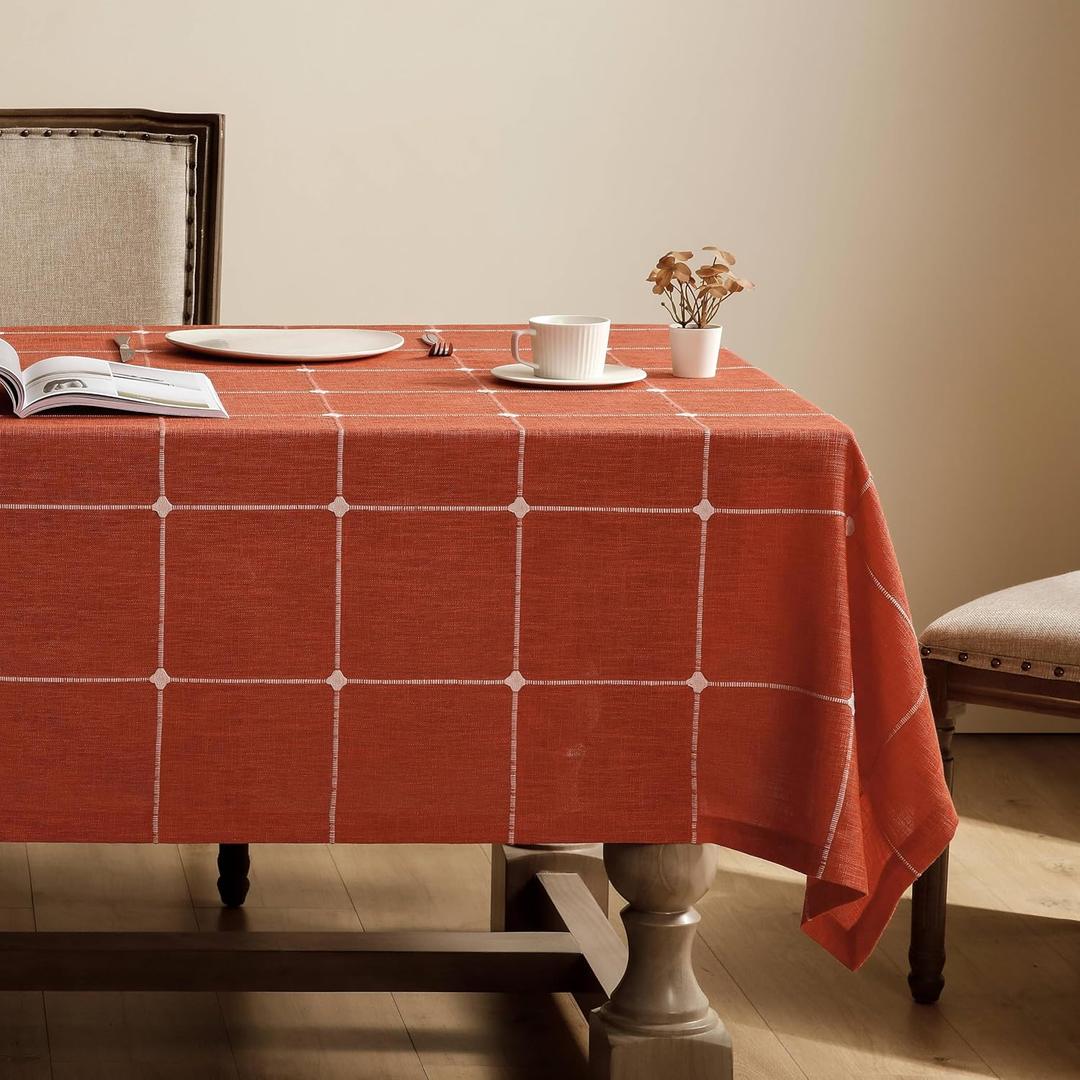 ZeeMart Grid Embroidered Hemmed Tablecloths, Orange 60x104 Inch, Farmhouse Style Heavy Weight Cotton Linen Burnt Orange Fall Tablecloths, Boho Plaid Water Resistant Rectangle Table Cloth