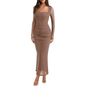 REORIA Long Sleeve Wedding Guest Maxi Dresses for Women Sheer Mesh Square Neck Ruched Bodycon Long Dress 2026 Spring Outfits (Chanterelle)