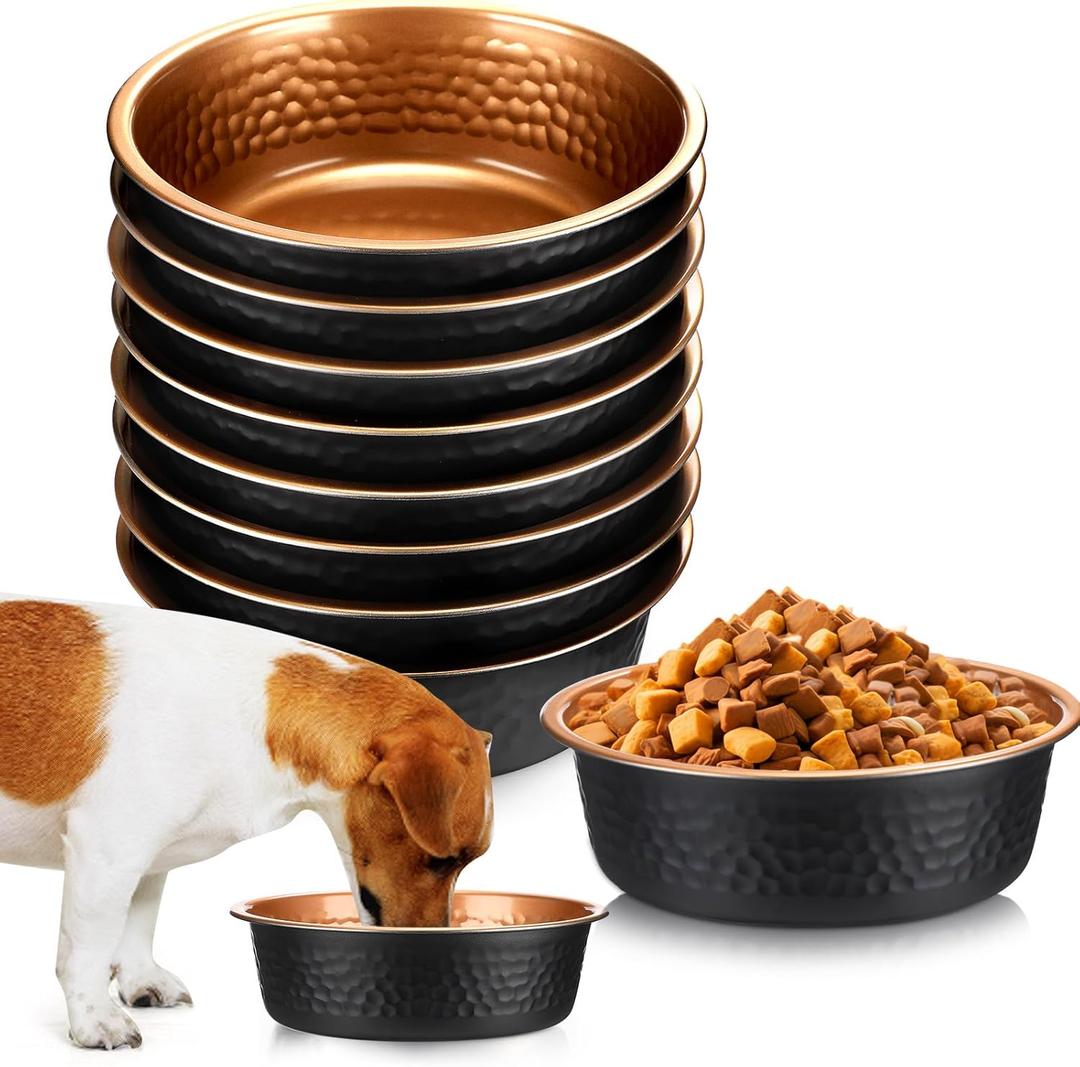 Teenyyou 8 Pcs Hammered Stainless Steel Dog Bowls 4 Cup/32 oz, 6.9 Dia Metal Pet Food and Water Bowls Bulk Thickened Durable Replacement Dish for Small Medium Large Dog (Black Gold)