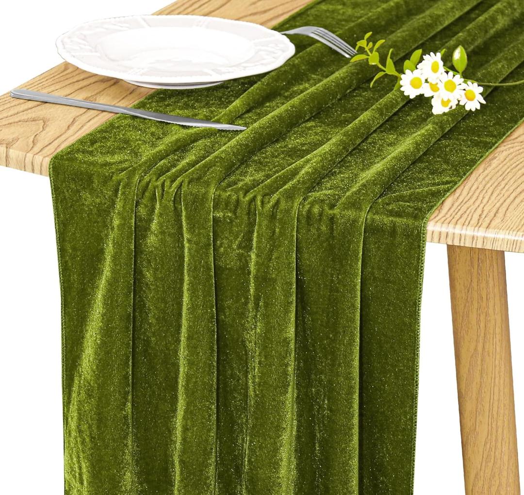 Velvet Table Runner 20 x 120 Inches 10ft Luxurious Thick Soft Velvet Christmas Thanksgiving Wedding Reception Table Runner for Party Reception Decorations(Olive Green, 1 Pack)