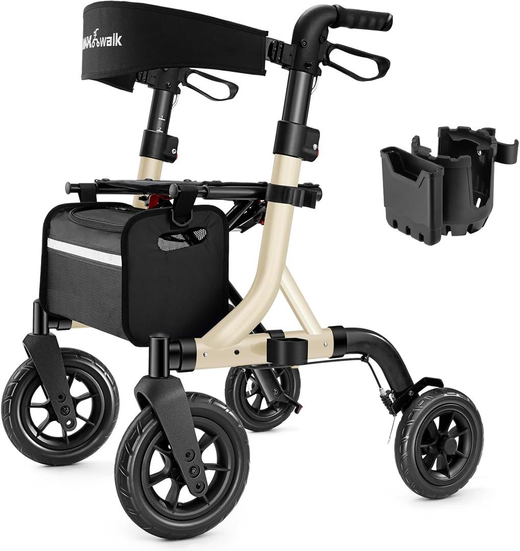 MAXWALK Walkers for Seniors, Rollator Walker with Seat, 10" Rubber Wheels All Terrain Rollator Walker with Backrest, Aluminum Walkers Built-in Cable, Foldable and Adjustable Height for Seniors, Beige
