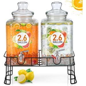Honeydak 2.6 Gallon Glass Beverage Dispenser with Stand Stainless Steel Spigot Glass Lid Leakproof Drink Dispenser Ice Drink Clear Lemonade Juice Jar for Party Wedding Kitchen (2 Pack)