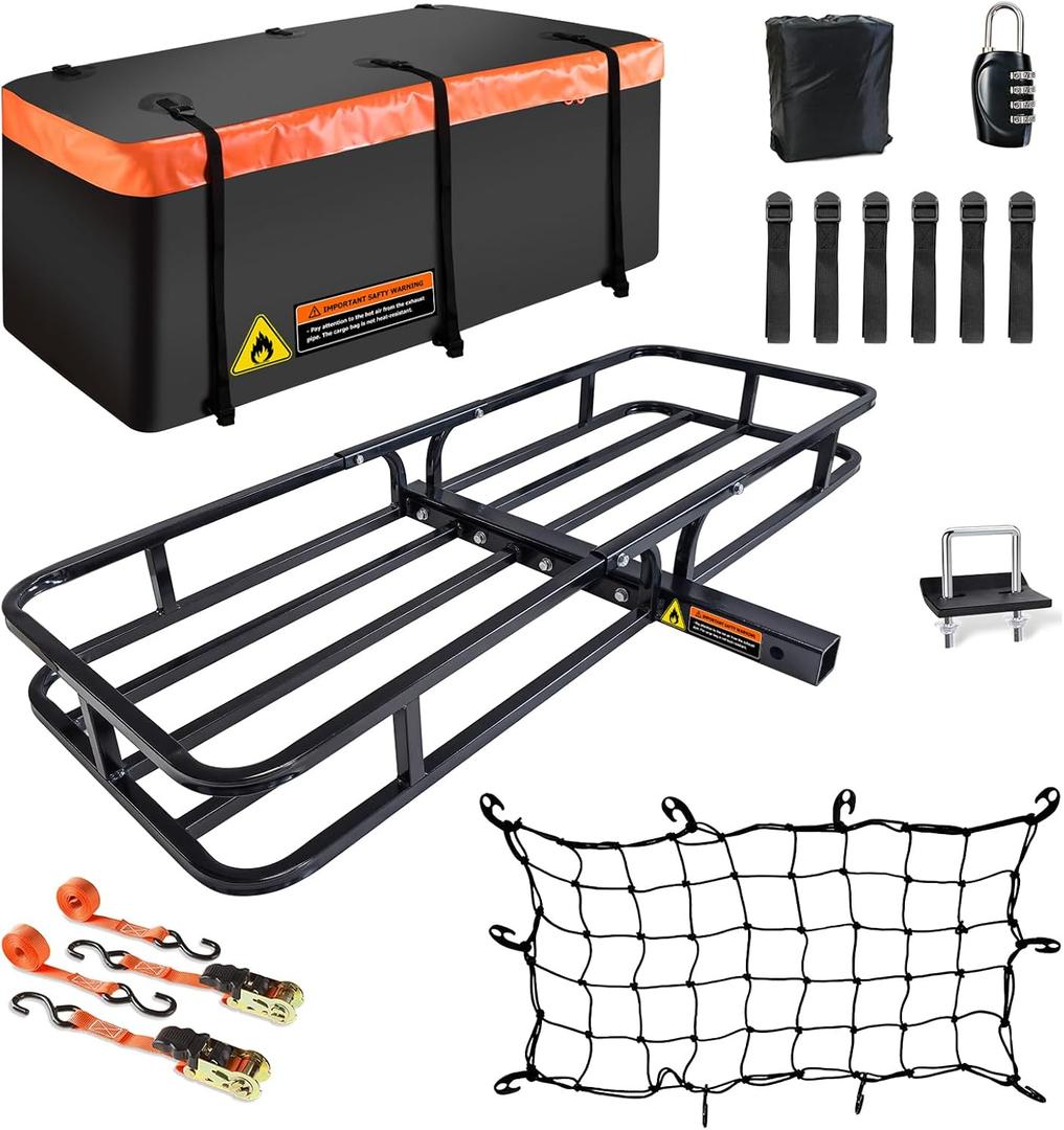 Hitch Mount Cargo Carrier Rack Basket 53"*19"*5"+Waterproof Bag 9 Cu.Ft. | Cargo Carrier Rack Included Cargo Net with Attachment Hooks,Ratchet Straps,Hitch Stabilizer|500 Lbs Capacity,fit 2" Receiver