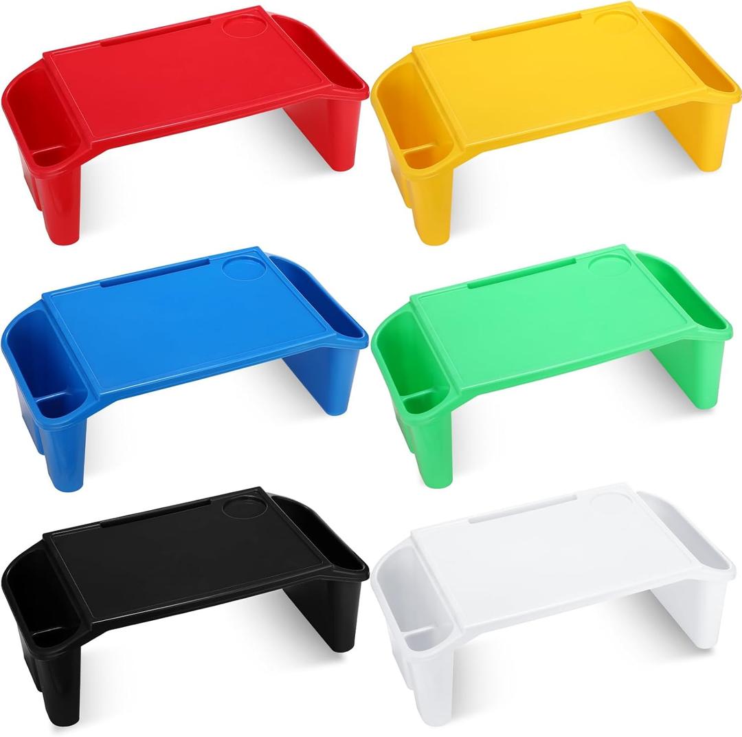 Leinuosen 6 Pcs Kids Lap Desk Tray with Storage Plastic Breakfast Laptop Trays with Side Pockets and Slot Portable Lap Bed Table for Writing Eating Game Classroom Snacks Boy Girl (Multi Colors)