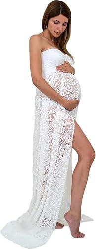 JustVH Maternity Off Shoulder Chiffon Gown for Photography Split Front Maxi Pregnancy Dress for Photoshoot XS