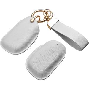 Key Fob Cover for Hyundai, Premium Leather Key Case Shell with Keychain for Hyundai Elantra GT Ioniq Sonata Tucson 4 Buttons (White)