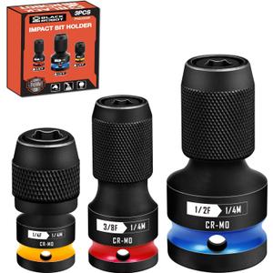 BLACKROBOT 3PCS Quick Release Impact Bit Holders 1/2 3/8 1/4-Inch Square Drive to 1/4-Inch Hex Socket Adapter, CR-MO Steel, Impact Wrench Ratchet Use