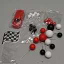 30PCS Race Car Cake Toppers - Checkered Flag Race Car Birthday Decoration with Red, Black, White Balls for Race Car Themed Birthday Party