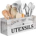 Suli Extra Large Kitchen Utensils Holder with 4 Compartments, Wooden Utensil Organizer for Kitchen Countertop, Farmhouse Decor, Rustic Cooking Utensil - White grain