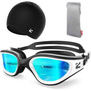ZIONOR G1 Lite Swim Goggles with Swim Cap Comfortable Anti-fog Swimming Goggles Cap Set for Adult Men Women (One Size, A0(white-gold+c5 Black))