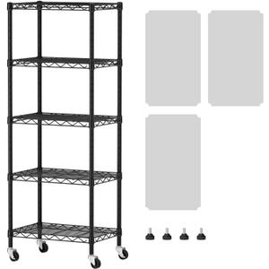 SINGAYE 5 Small Shelf Storage Wire Shelves Closet Bathroom Organizers Metal Pantry Kitchen Garage Shelving Unit Laundry Room Organization Home Narrow Rack Net Basket with Wheels Black