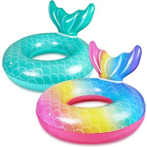 90shine 2PCS Mermaid Tail Shape Pool Floats: Swimming Rings, Inflatable Tubes Floaties Toys for Kids Adults