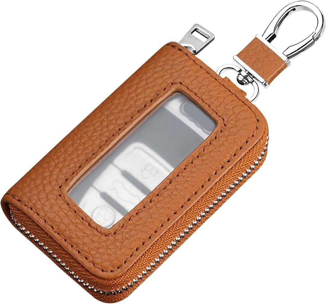 vvag Car Key Fob Holder, Universal Genuine Leather Key Fob Case with Hook and Loop Tape, Premium Automotive Smart Key fob Holder, for Remote Key Fob, Car Accessories for Women & Man (Orange)