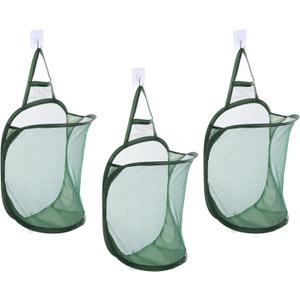 uxcell 3Pcs Hanging Laundry Hamper Foldable Mesh Laundry Basket with Hooks for Home Storage of Dirty Clothes, Camping Trip, Hotel Use, Dark Green