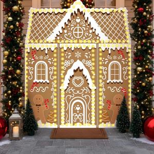 Frienda 7pcs Christmas Gingerbread Door Covers Banner Supplies Decoration Set with String Light Candy Cane Sticker Hanging Gingerbread House Xmas Banner Cloth Photo Backdrop for New Year