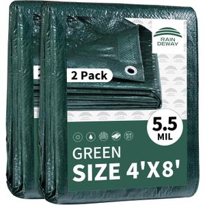 RAINDEWAY Small Tarps 4x8 Feet(2 Pack),Green Tarp Waterproof,Finished Size,5.5 Mil Thick,Multipurpose Poly Tarp Cover with Metal Grommets and Reinforced Edges