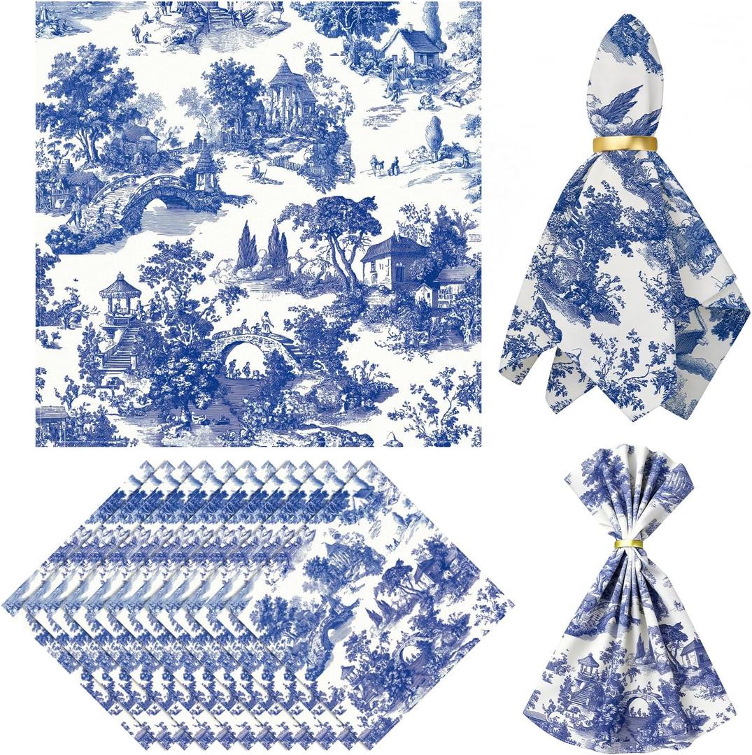 12 PCS Cloth Napkins 20 x 20 Inch Polyester Country French Toile Dinner Napkin Reusable Napkin with Hemmed Edges Washable Napkins for Wedding Party Restaurant Banquet Table Decorations