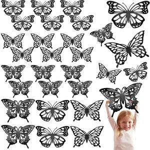 Yeaqee 24 Pcs Large Butterfly Party Decoration 3D Butterflies Wall Decor Set 2 Sizes 3 Styles Large Stickers for Birthday Baby Shower Nursery Bedroom Wedding Decor Cutouts (Black)