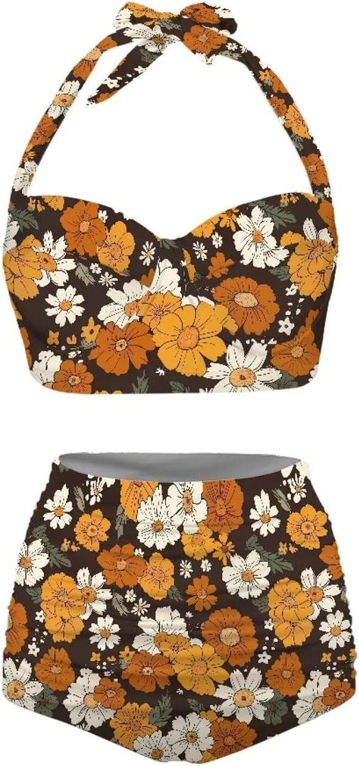 Butterfly Women's Retro Ruched Ruffle High Waist Bikini Set, Flag Tankini Swimsuits Tummy Control Swimwear (Medium)