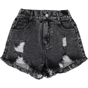 GORGLITTER Girl's Ripped Jean Shorts High Waist Straight Leg Denim Shorts Black Ripped 9Y