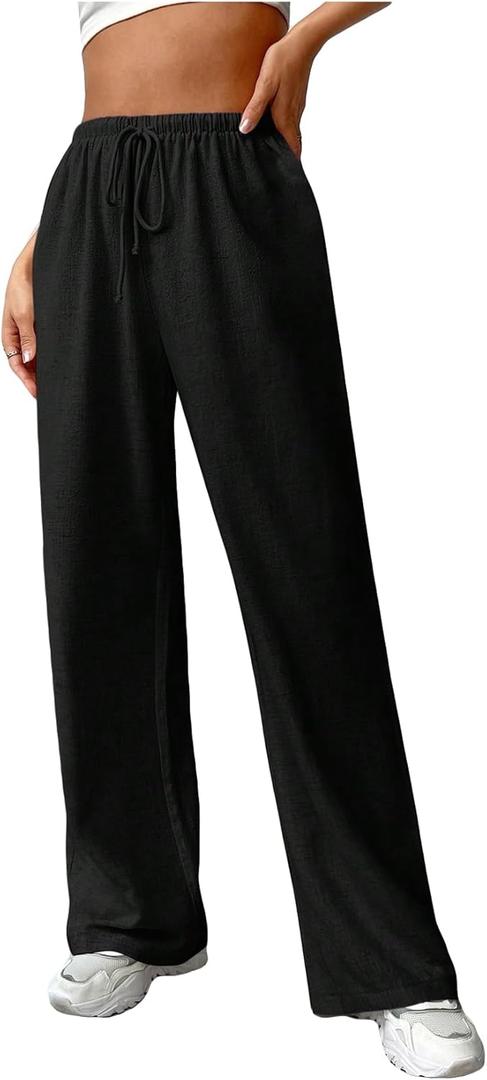 WDIRARA Women's Drawstring Waist Wide Leg Pants Casual Tie Front Pants (Black, S)