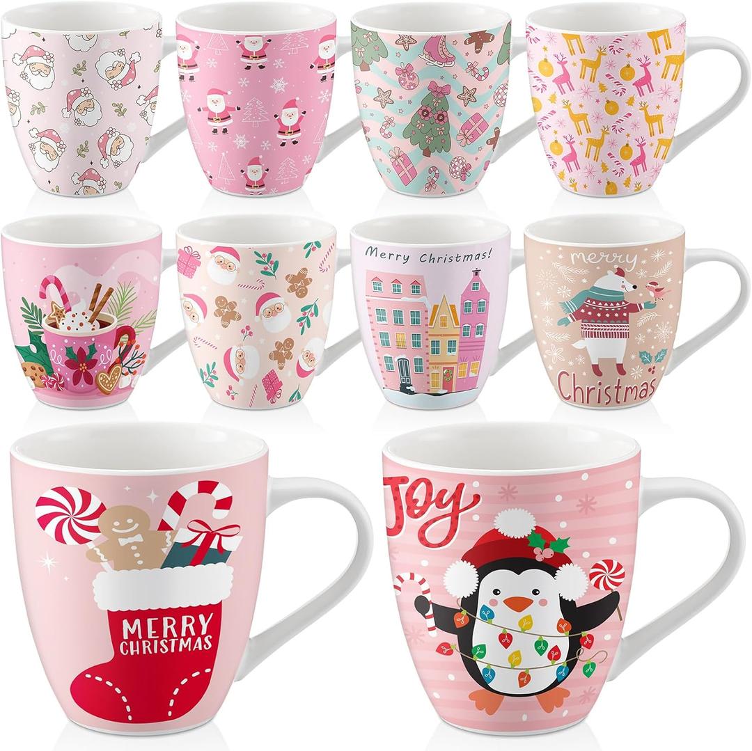 10 Pcs Large 17oz Pastel Christmas Ceramic Mugs Christmas Gifts Pink Holiday Coffee Mugs Cute Gingerbread Santa Porcelain Hot Cocoa Cups Bulk Xmas Party Favor for Housewarming Bar Decor