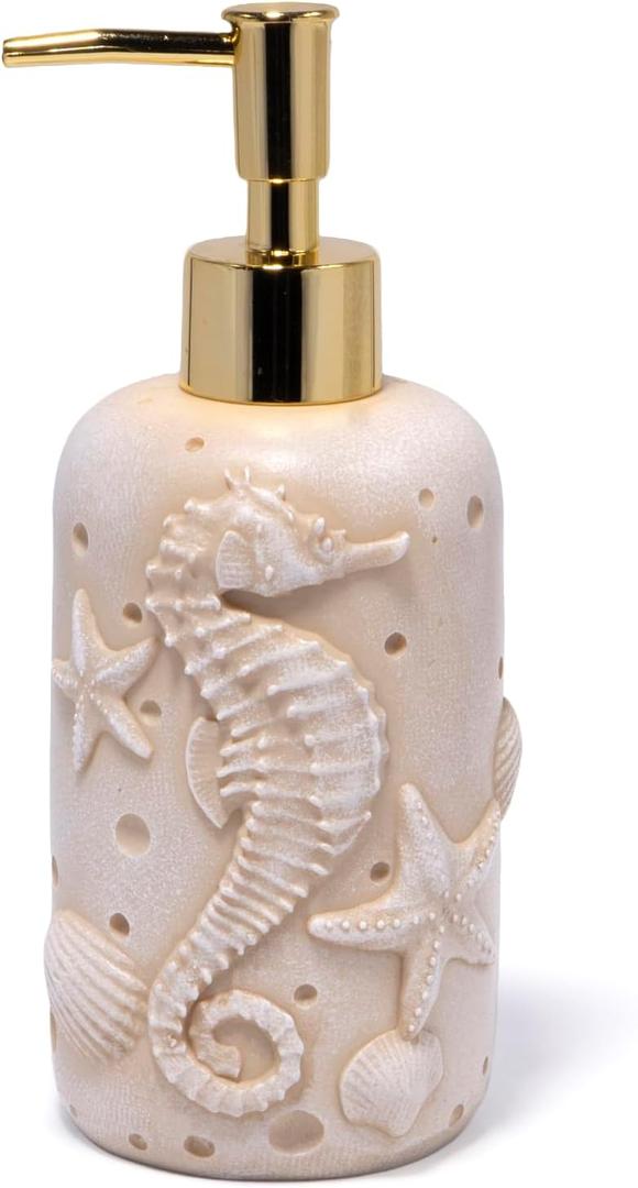 Soap Dispenser  Eco-Resin Relief with Gold Pump, Coastal Bathroom Vanity & Nautical Kitchen Sink Decor (Sea Horse)