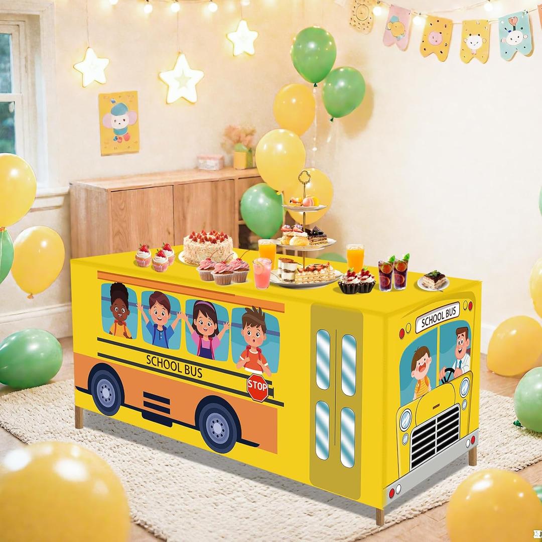 2PCS 6Ft School Bus Tablecloth Washable First Day of School Table Cloth Party Decorations Polyester Cartoon Rectangle Table Cover for Classroom Home Back to School Day Graduation Party Favor (72" x 30" (Rectangular))
