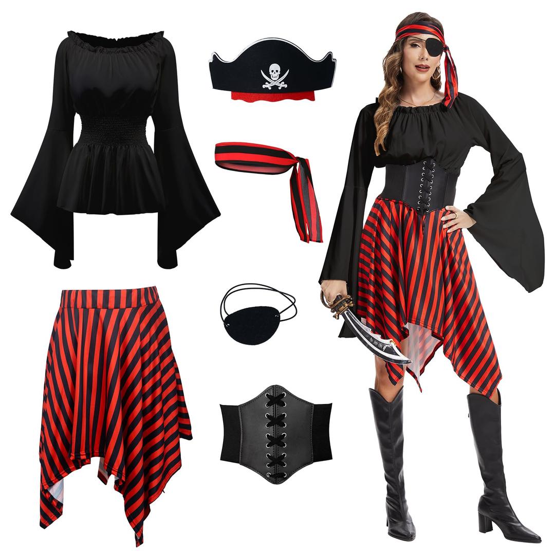 Pirate Costume Women Renaissance Shirt Dress with Head Scarf Halloween Pirate Queen Outfit, Black, X-Large