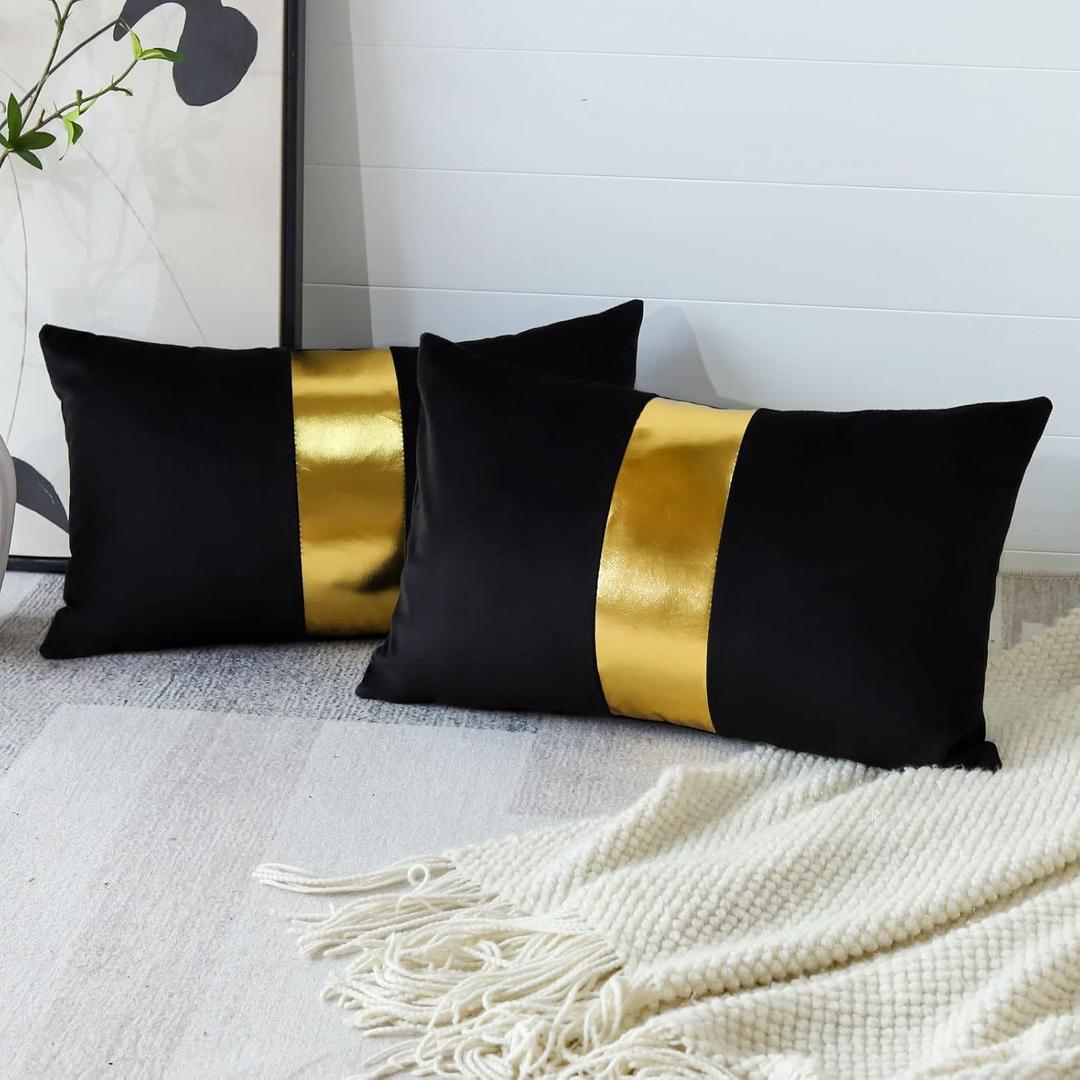 Artscope Black Velvet Throw Pillow Covers with Gold Leather Stitching Luxury Modern Minimalist Rectangular Pillowcase Cushion Covers for Bed Couch Sofa 16x24Inch Set of 2