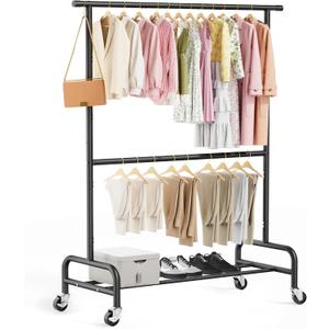 Abiglifty 2 Tier Clothes Racks for Hanging Clothes, Heavy-Duty Clothing Rack with Wheels,150LBS Capacity, 42" W X15 D X 77" H Garment Rack with Bottom Shelf, for Bedroom, Living Room, Black