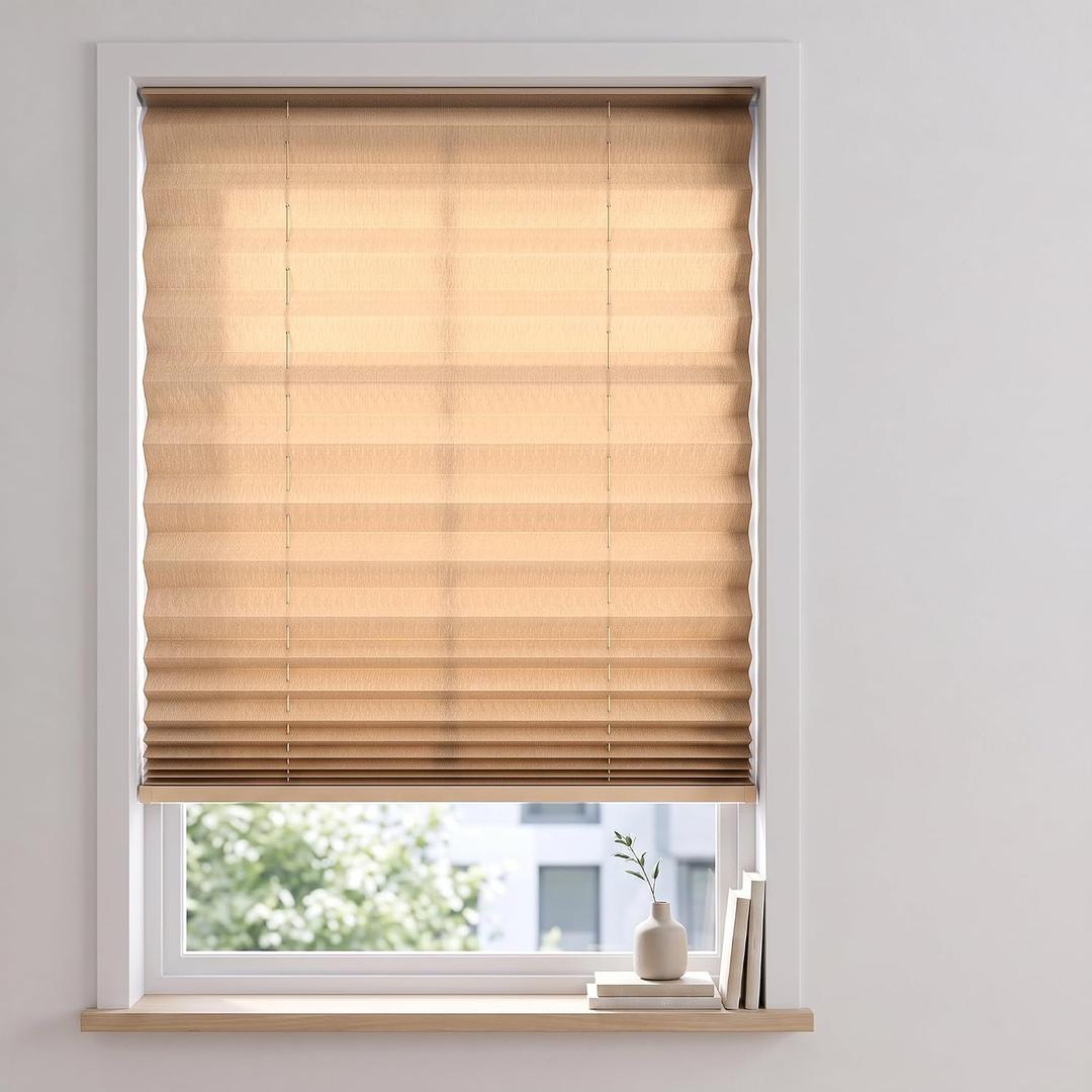 BlindsAvenue No Drill Cordless Pleated Fabric Shades, Fawn, 22.5" W x 64" H