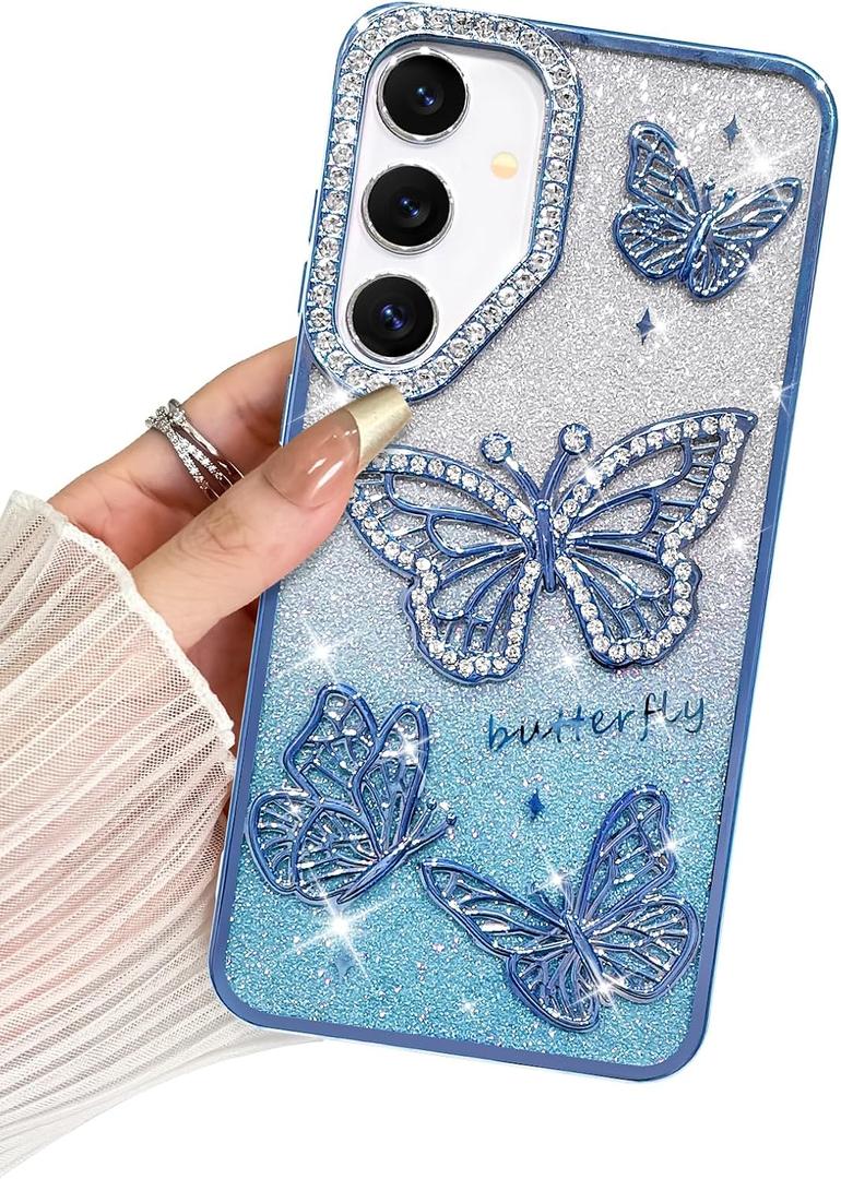 BITOBE Designed for Samsung Galaxy S24 / S25, Cute 3D Butterflies Case Slim Plating Glitter Bling Luxury Rhinestone Cover for Women Girls Protective Camera Protection Bumper 6.2" Blue