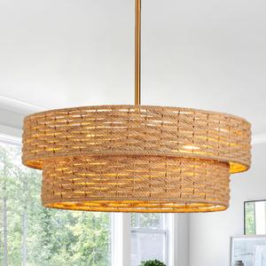 22.8in Woven Rattan Lighting Fixture, Large Boho Coastal Pendant Lights, 2-Tier Rope Chandelier with Fabric Shade for Kitchen Island, Dining Room, Bedroom, Restaurant, Hallway (Brown)