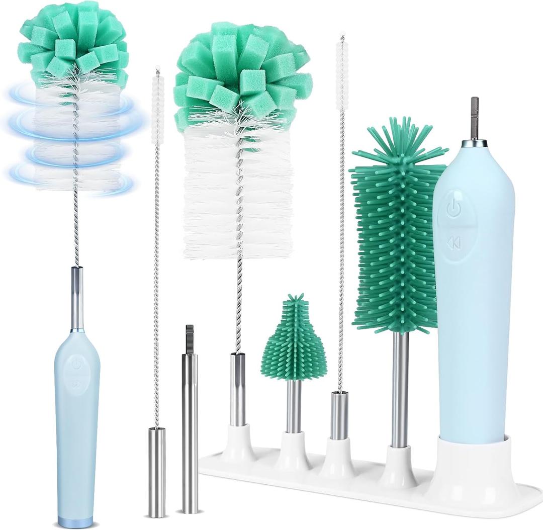Electric Bottle Brush Cleaner with Holder, Rechargeable Automatic Water Bottle Cleaner with Stainless Steel Extension Handle, Extra Long Water Bottle Brush,Nipple Brush, Straw Cleaner Brush, (Blue)
