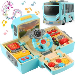 HONGTUO Bus Toy with Sound and Light, Simulation Steering Wheel Gear Toy, Toddlers Bus Toys with Music Education Knowledge Simulation Driving Bus Toys, Gift for 1-3-5 Boys & Girls