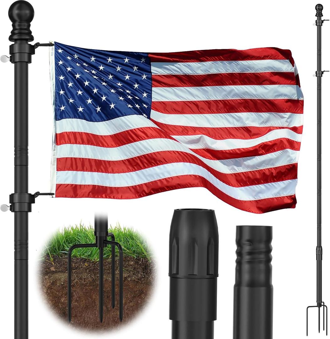 10 FT Black Heavy-Duty In-Ground Flagpole – Rust-Proof Aluminum, 4-Prong Base, Extra-Thick for Yard & Garden (No Flag)