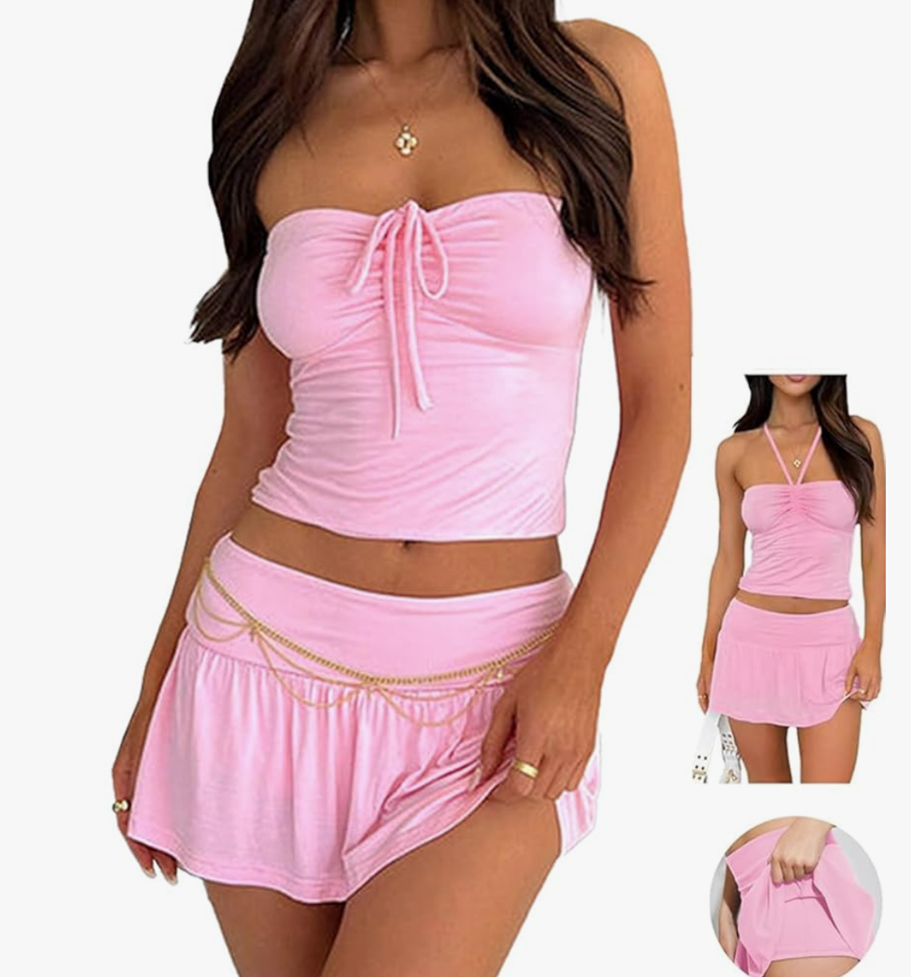 Sexy Two Piece Outfits for Womens Summer Y2K Going Out Tube Top Skirt Mini Dress Rave Festival Beach Club Skort Set (Medium)
