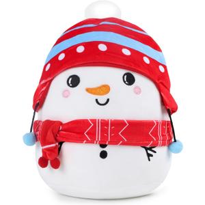 Christmas Snowman Plush Toy: 10-Inch Cute Winter Snowman Stuffed Animal with Red Christmas Hat and Scarf, Soft and Cuddly Plush Pillows Holiday Birthday Decoration Gifts for Kids Girls Boys