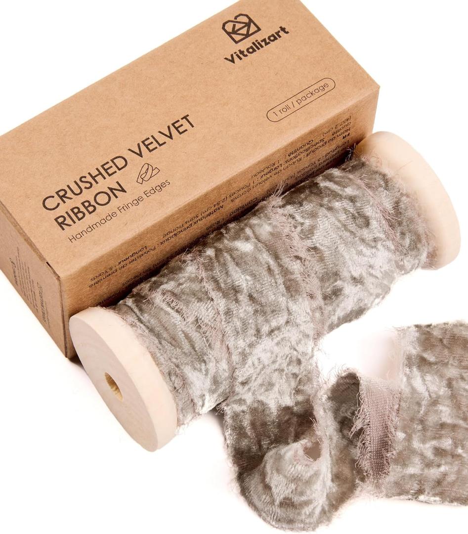 4 x Vitalizart Brown Velvet Ribbon 1" Christmas Handmade Frayed Edges Glossy Ribbon for Gift Wrapping Tree Ornaments Wreath Garland Holiday Decorations 5 Yd Total