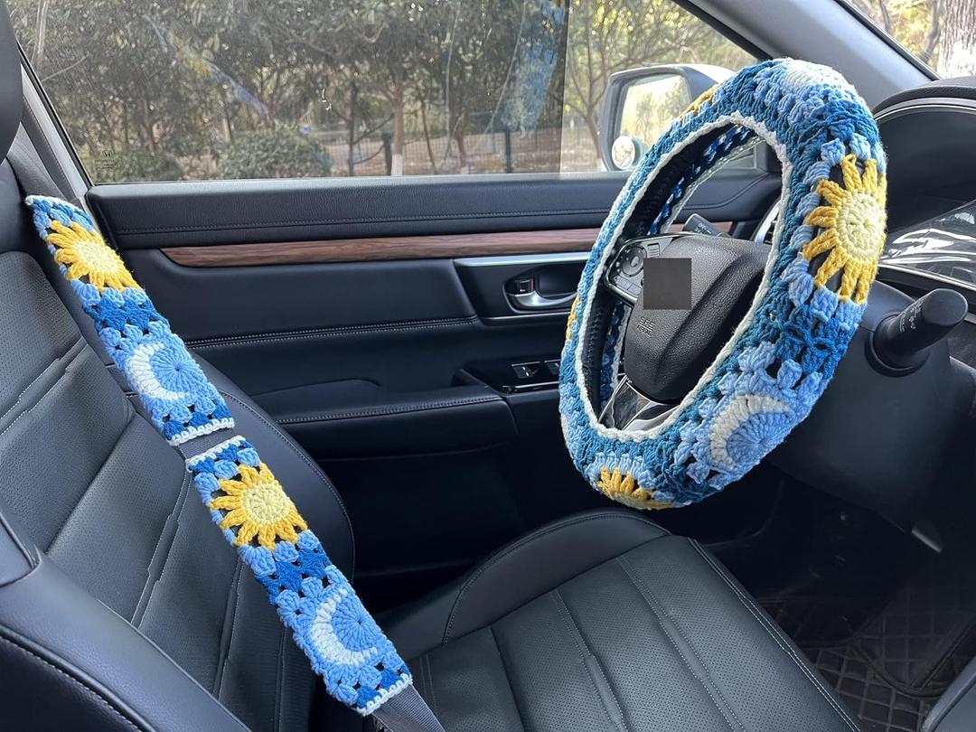 Handmade Crochet Sun and Moon Car Steering Wheel Covers Universal 14-15 inch for Women and Men (Steering Wheel Cover+2 Belt Cover)