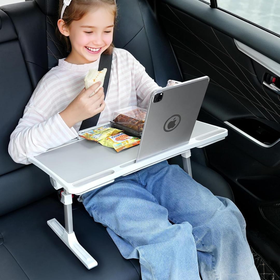 Large Car Seat Tray Table, Foldable Travel Tray for Kids Car Seat, Height Adjustable Car Lap Desk for Laptop Computer Tablet, Rear Seat Food Eating Tray, Car Travel Essentials for Long Trips