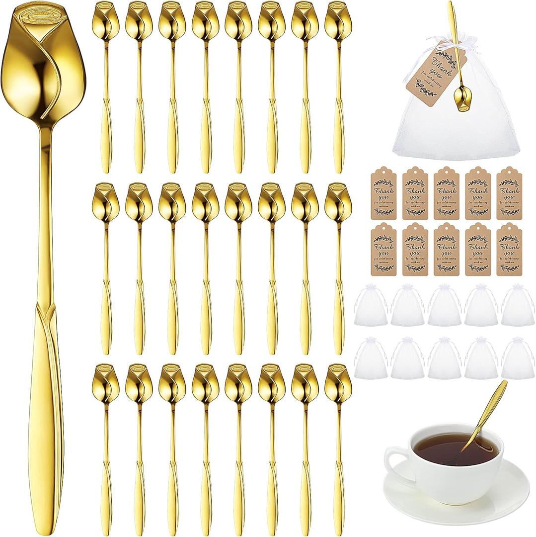 Roshtia 50 Sets Rose Flower Shaped Tea Spoons Wedding Favor for Guests 5.2" Gold Flower Dessert Mini Teaspoon with 50 Gift Tag and 50 Organza Bag for Tea Party Bridal Shower Guest Souvenir