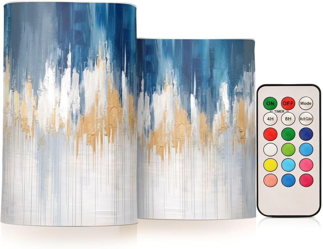 Abstract Oil Painting in Blue Flameless Candles Color Changing LED Candles with Remote Control Battery Candles for Outdoor and Indoor Home and Room Decoration, 3'' x 4''/5'' Set of 2 Pieces